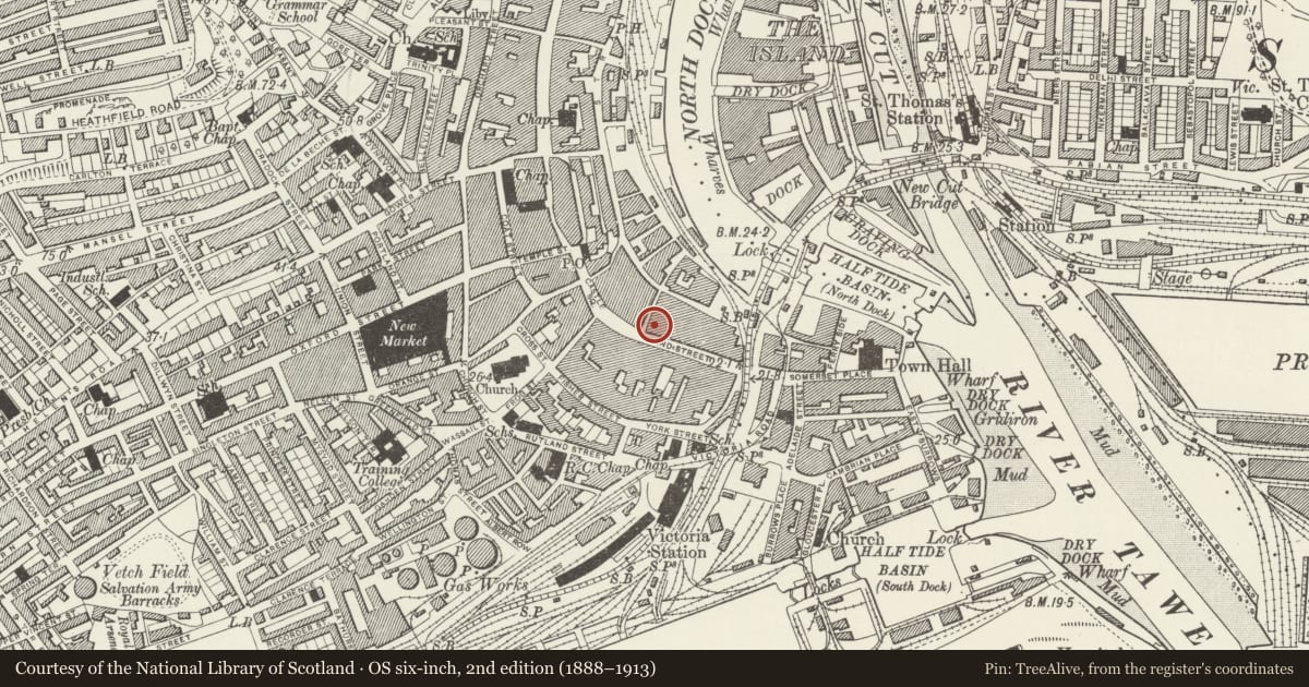Ordnance Survey six-inch map, 2nd edition (1888–1913) covering the location of Old Post Office Building (Now Post Office Sorting Office), Castle, Swansea, with a pin at the register's coordinates
