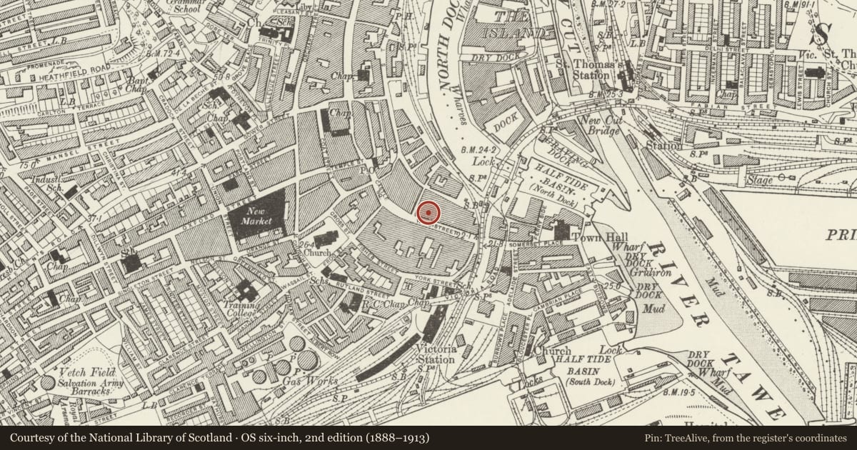 Ordnance Survey six-inch map, 2nd edition (1888–1913) covering the location of Telecom Building, Castle, Swansea, with a pin at the register's coordinates