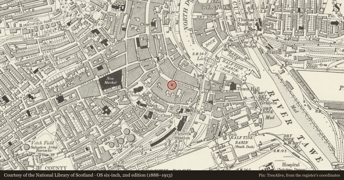 Ordnance Survey six-inch map, 2nd edition (1888–1913) covering the location of No Sign Bar & Munday's Wine Merchants, Castle, Swansea, with a pin at the register's coordinates