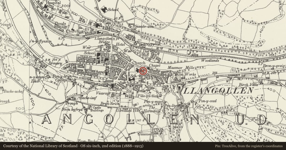 Ordnance Survey six-inch map, 2nd edition (1888–1913) covering the location of 6 Church Street, Llangollen, Denbighshire, with a pin at the register's coordinates
