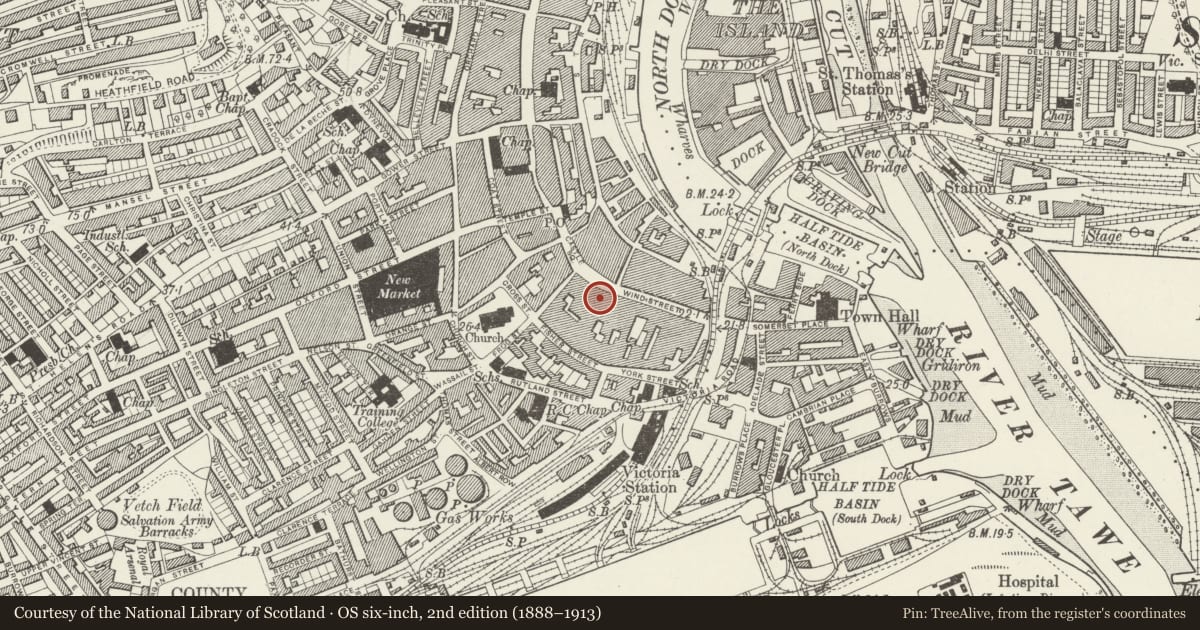 Ordnance Survey six-inch map, 2nd edition (1888–1913) covering the location of The Coach House, Castle, Swansea, with a pin at the register's coordinates