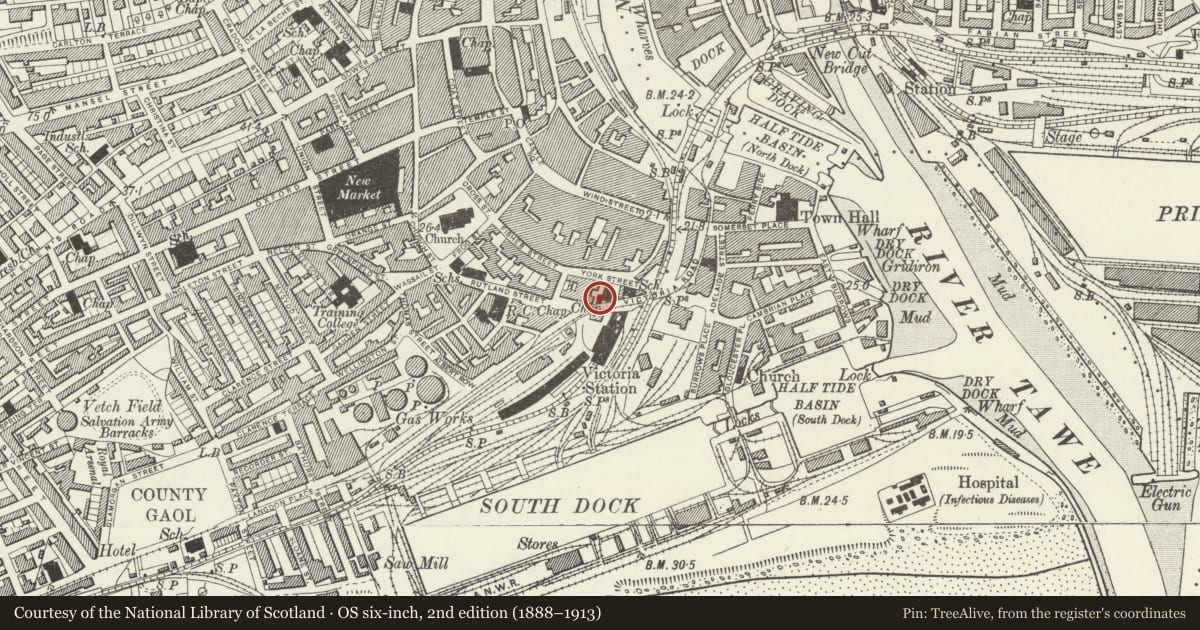 Ordnance Survey six-inch map, 2nd edition (1888–1913) covering the location of York Place Baptist Chapel Hall, Castle, Swansea, with a pin at the register's coordinates