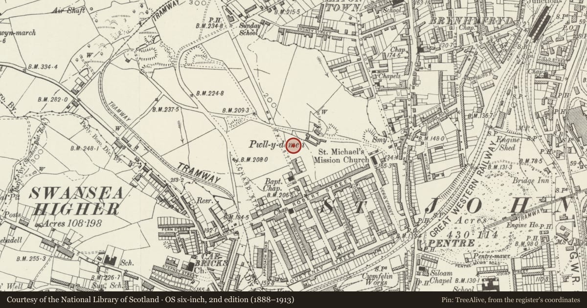 Ordnance Survey six-inch map, 2nd edition (1888–1913) covering the location of Church of St Michael & all Angels (Manselton Parish Church), Cwmbwrla, Swansea, with a pin at the register's coordinates