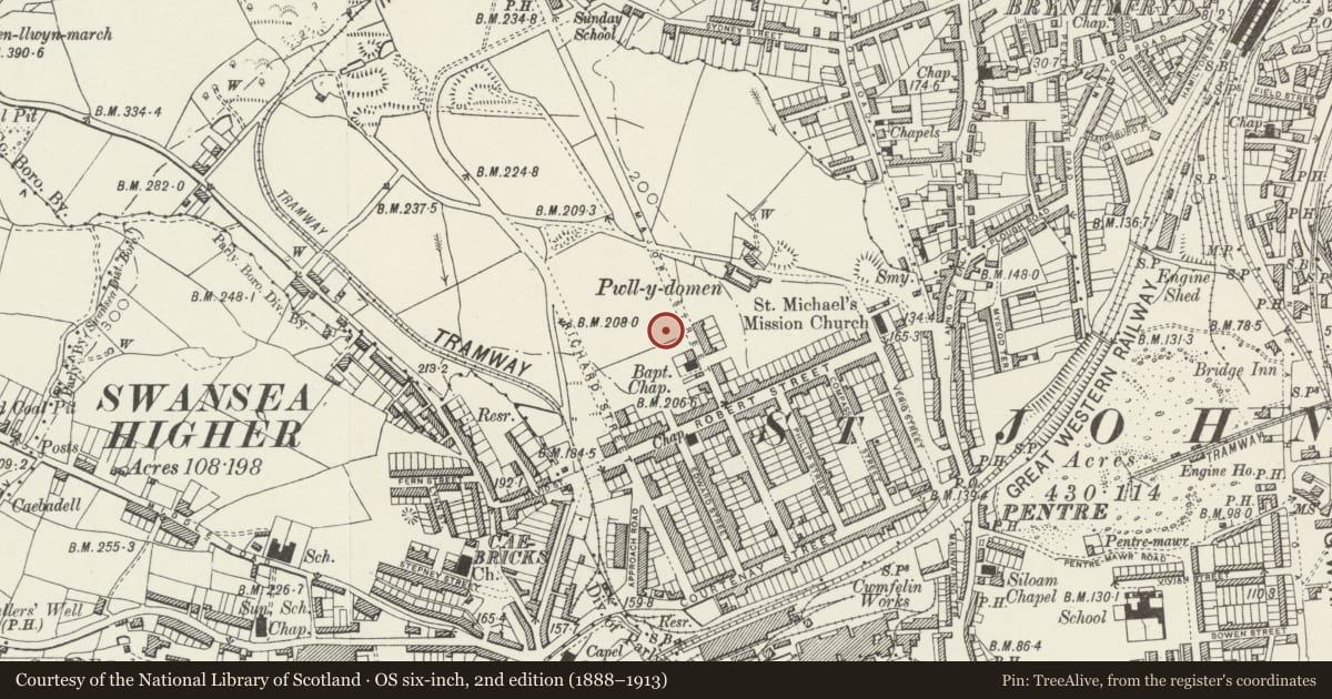 Ordnance Survey six-inch map, 2nd edition (1888–1913) covering the location of Manselton School, Cwmbwrla, Swansea, with a pin at the register's coordinates
