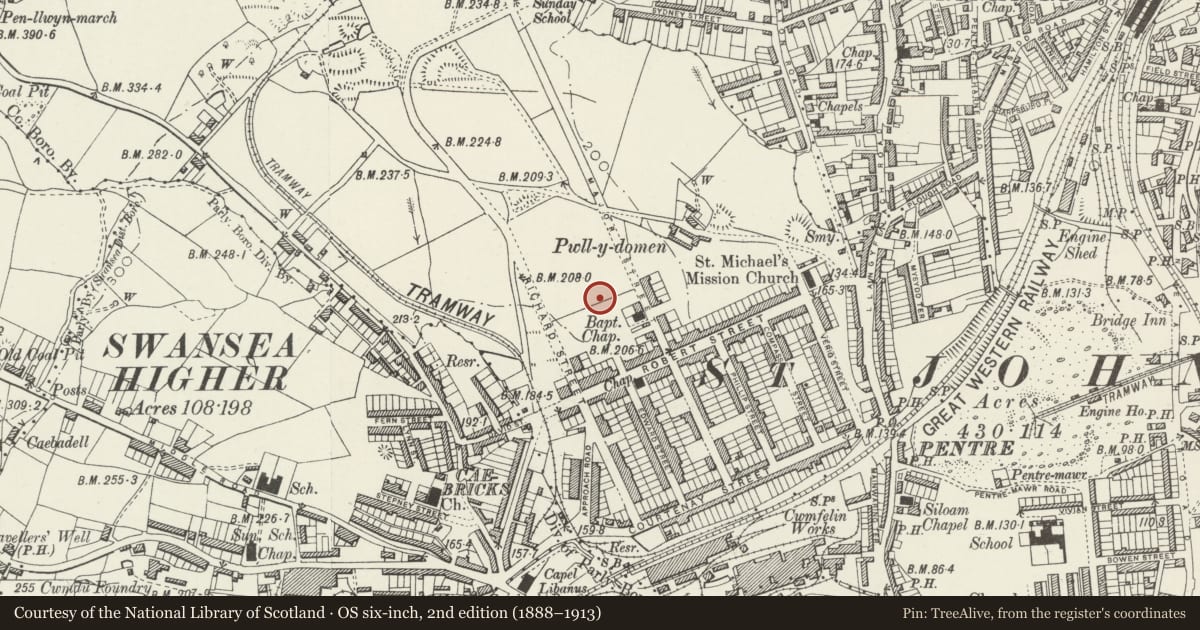 Ordnance Survey six-inch map, 2nd edition (1888–1913) covering the location of Manselton School Attached Block, Cwmbwrla, Swansea, with a pin at the register's coordinates