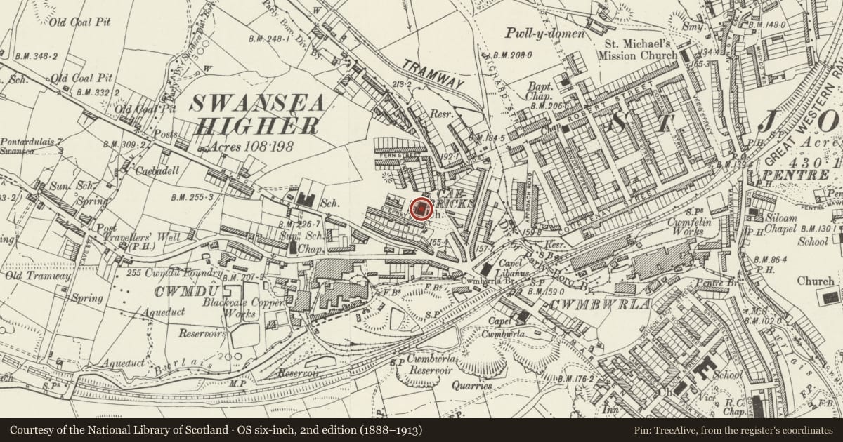 Ordnance Survey six-inch map, 2nd edition (1888–1913) covering the location of Church of St Luke, Cwmbwrla, Swansea, with a pin at the register's coordinates