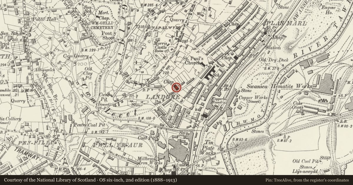 Ordnance Survey six-inch map, 2nd edition (1888–1913) covering the location of Dinas Noddfa Baptist Chapel, Landore, Swansea, with a pin at the register's coordinates