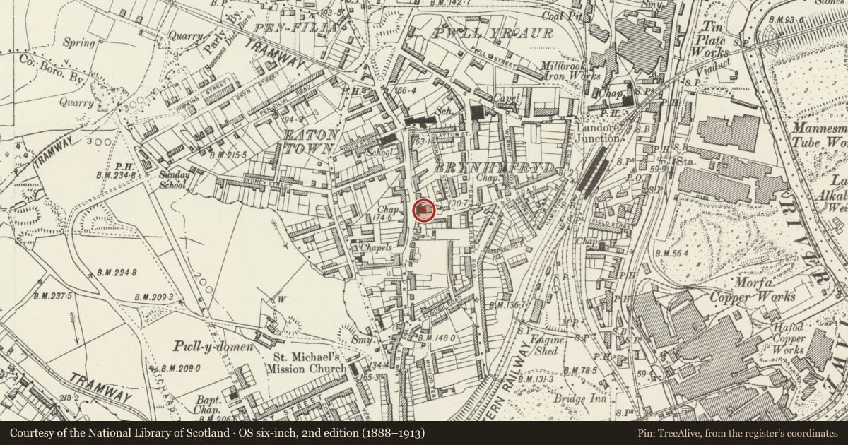 Ordnance Survey six-inch map, 2nd edition (1888–1913) covering the location of Bryn Hyfryd Baptist Chapel, Landore, Swansea, with a pin at the register's coordinates