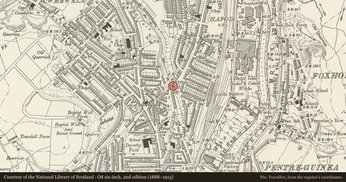 Ordnance Survey six-inch map, 2nd edition (1888–1913) covering the location of Hafod Bridge, Landore, Swansea, with a pin at the register's coordinates