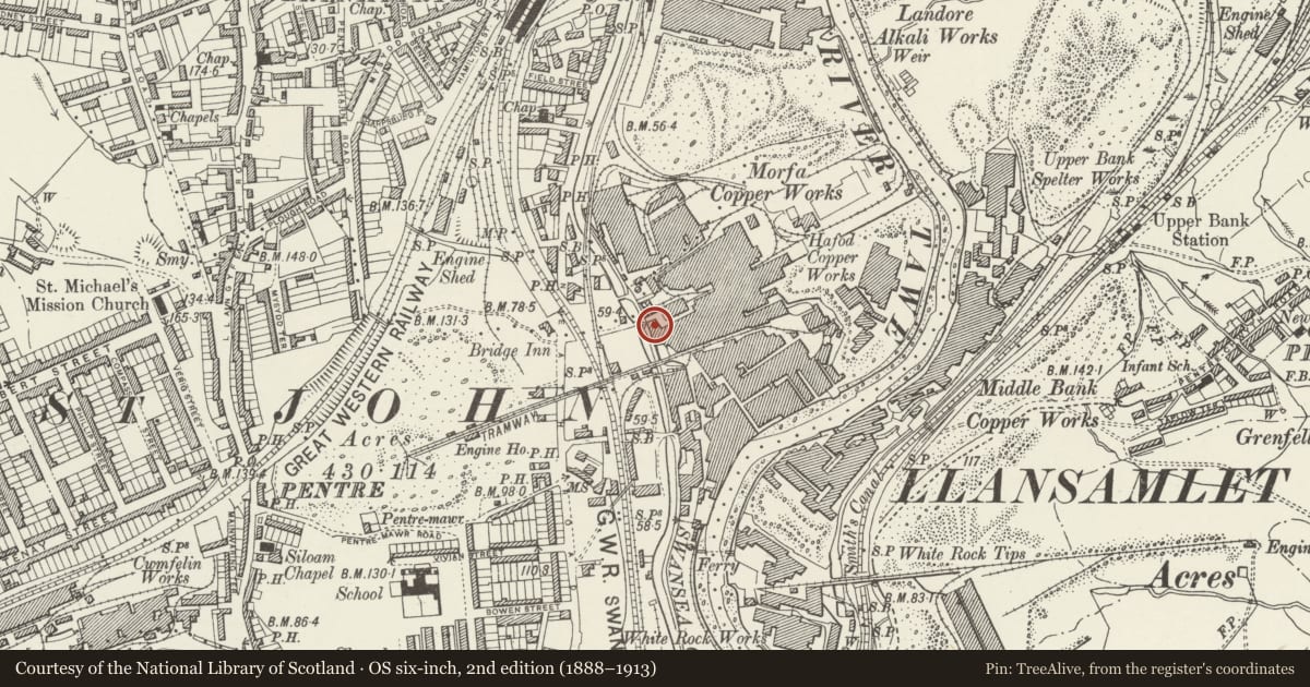 Ordnance Survey six-inch map, 2nd edition (1888–1913) covering the location of Laboratory Building at Entrance to Former Yorkshire Imperial Metal Works, Landore, Swansea, with a pin at the register's coordinates