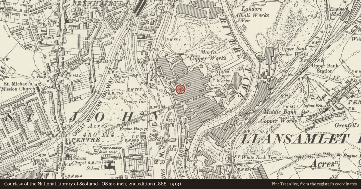 Ordnance Survey six-inch map, 2nd edition (1888–1913) covering the location of Canteen Building at the Former Yorkshire Imperial Metalworks, Landore, Swansea, with a pin at the register's coordinates