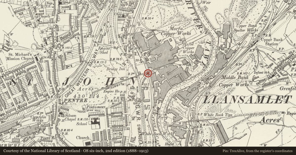 Ordnance Survey six-inch map, 2nd edition (1888–1913) covering the location of Copper slag abutment to former waste tip tramroad, Landore, Swansea, with a pin at the register's coordinates