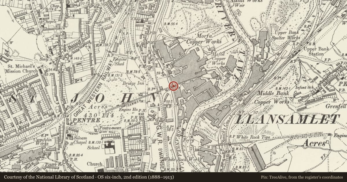 Ordnance Survey six-inch map, 2nd edition (1888–1913) covering the location of Pier to former waste tip tramroad and adjoining boundary wall, Landore, Swansea, with a pin at the register's coordinates