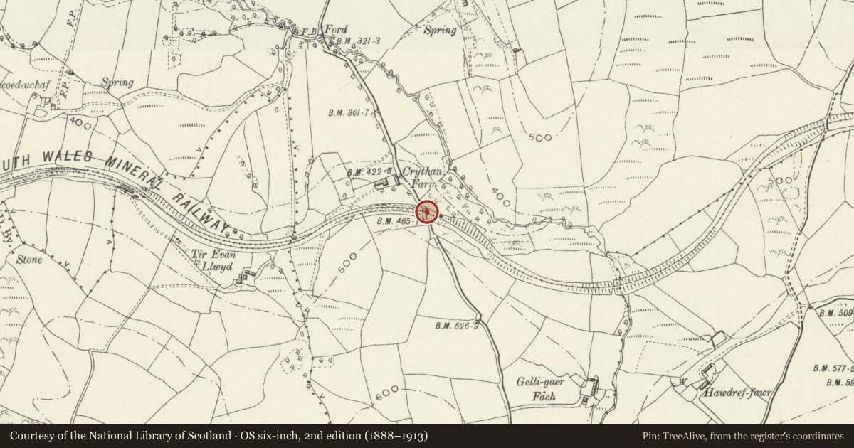 Ordnance Survey six-inch map, 2nd edition (1888–1913) covering the location of Railway bridge near Crythan Farm (partly in Briton Ferry and Neath communities), Neath Port Talbot, with a pin at the register's coordinates