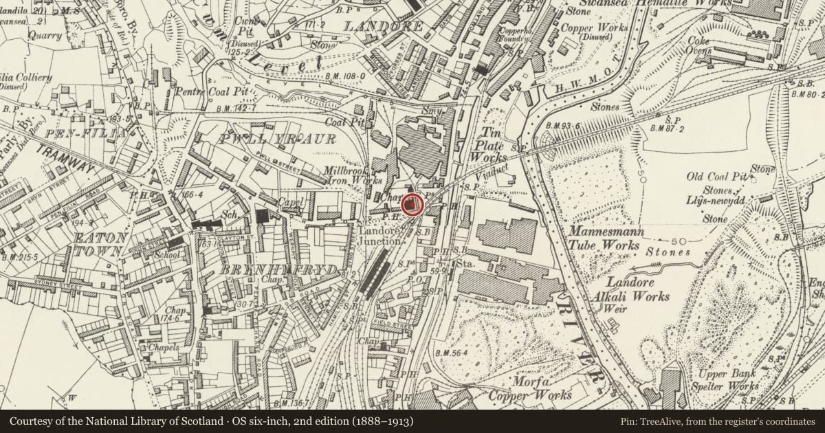 Ordnance Survey six-inch map, 2nd edition (1888–1913) covering the location of Old Siloh Chapel (English) Sunday School, Landore, Swansea, with a pin at the register's coordinates