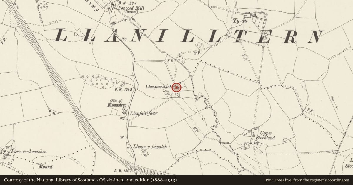Ordnance Survey six-inch map, 2nd edition (1888–1913) covering the location of Llanfair-fach House, St. Fagans, Cardiff, with a pin at the register's coordinates