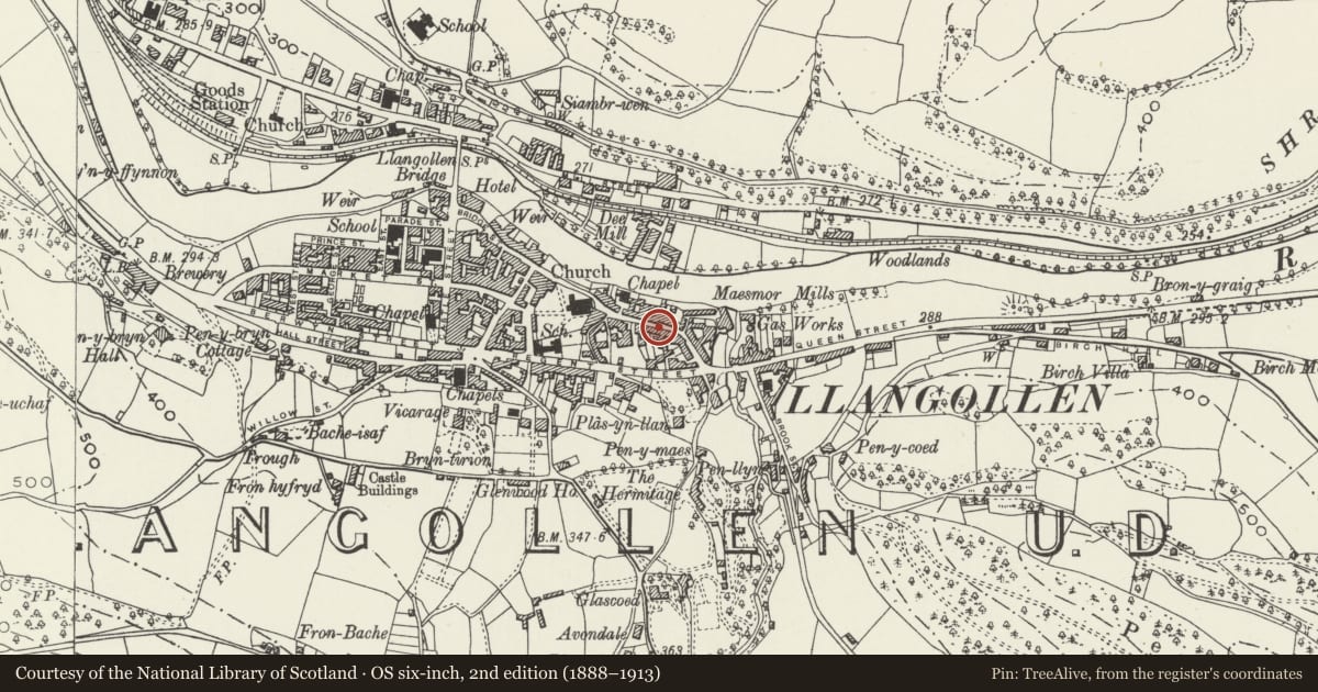 Ordnance Survey six-inch map, 2nd edition (1888–1913) covering the location of 32 Church Street, Llangollen, Denbighshire, with a pin at the register's coordinates