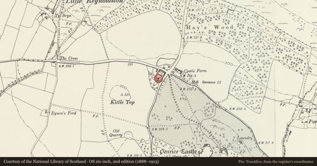 Ordnance Survey six-inch map, 2nd edition (1888–1913) covering the location of Home Farm Barns, Penrice, Swansea, with a pin at the register's coordinates