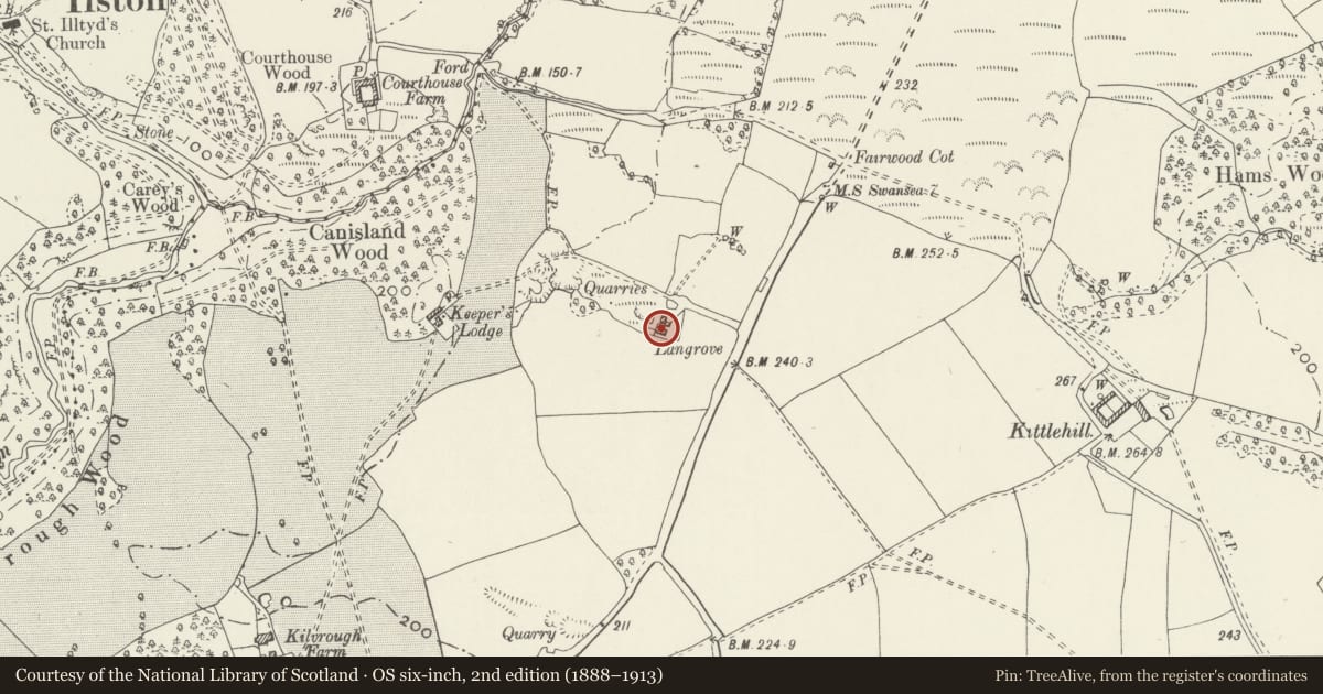 Ordnance Survey six-inch map, 2nd edition (1888–1913) covering the location of Langrove Cottage, Pennard, Swansea, with a pin at the register's coordinates