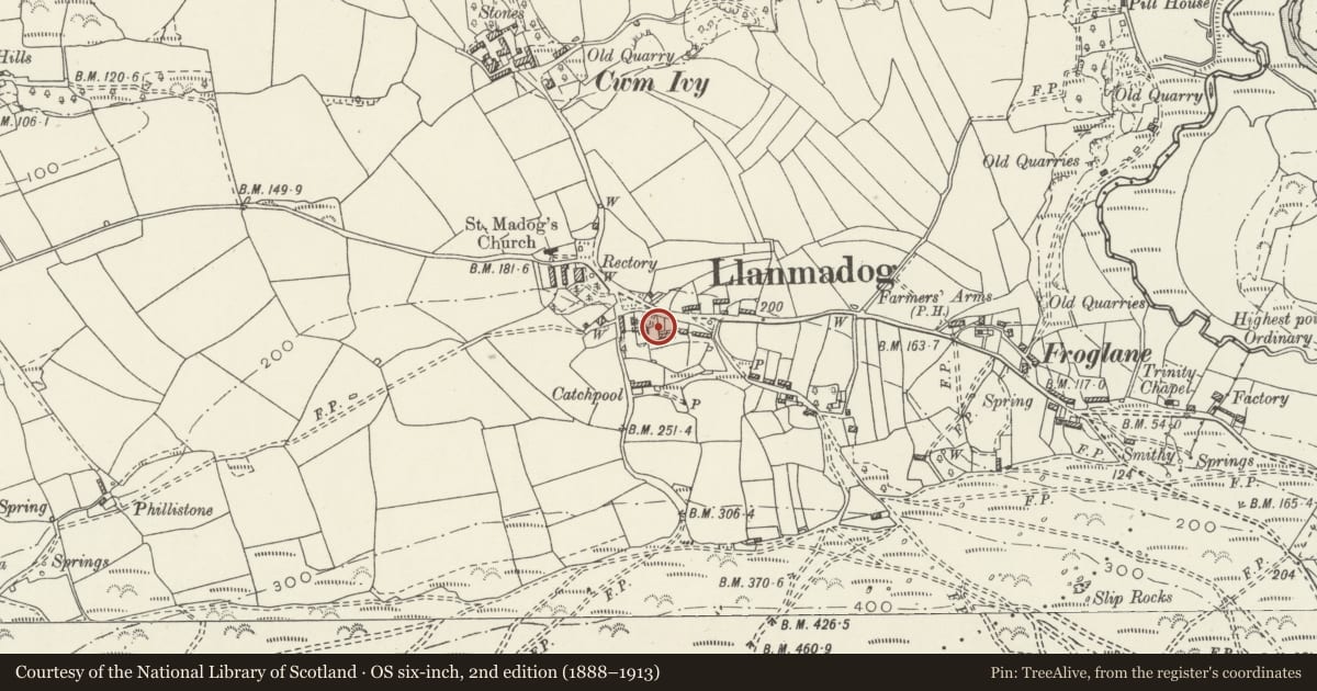 Ordnance Survey six-inch map, 2nd edition (1888–1913) covering the location of Big House Farmhouse, Llangennith, Llanmadoc and Cheriton, Swansea, with a pin at the register's coordinates