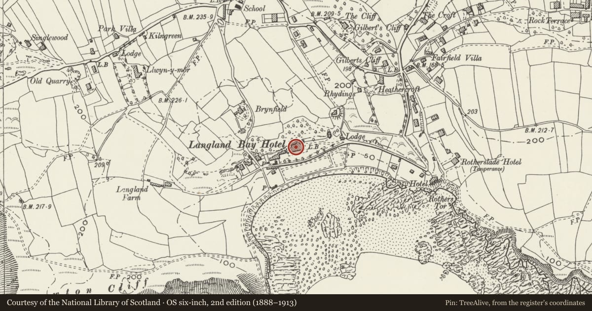 Ordnance Survey six-inch map, 2nd edition (1888–1913) covering the location of CIU Holiday and Convalescent Centre, Mumbles, Swansea, with a pin at the register's coordinates