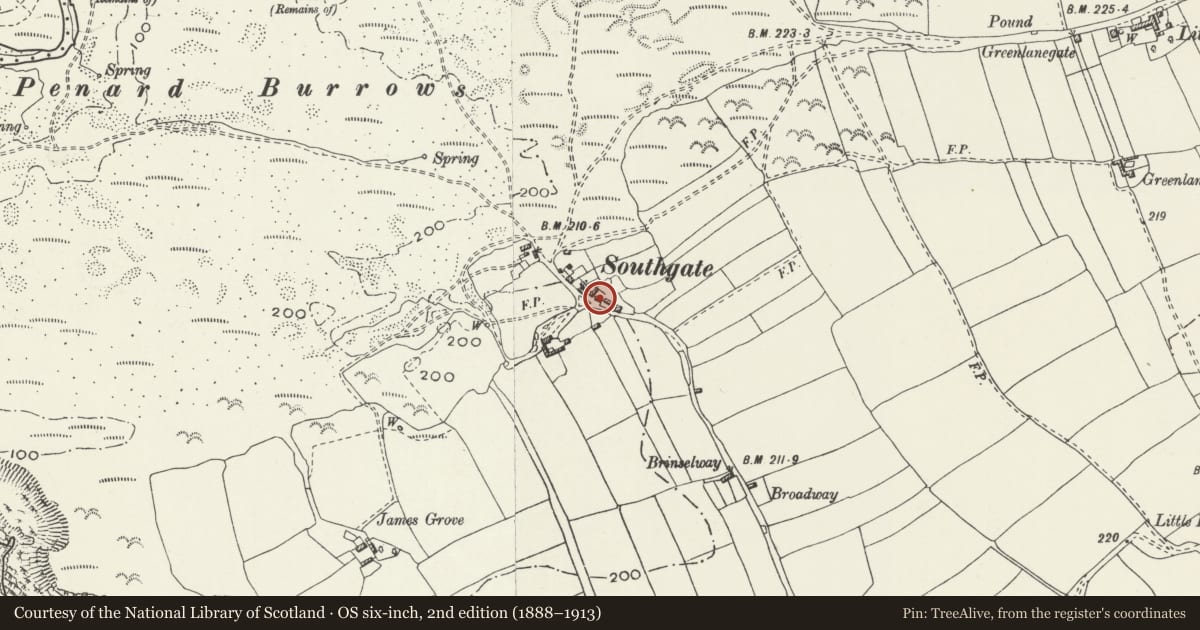 Ordnance Survey six-inch map, 2nd edition (1888–1913) covering the location of Henbury Cottage, Pennard, Swansea, with a pin at the register's coordinates