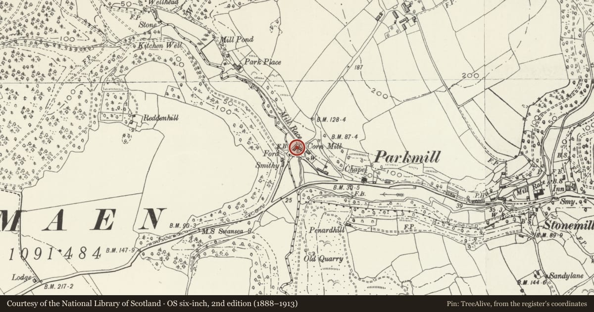 Ordnance Survey six-inch map, 2nd edition (1888–1913) covering the location of Park Mill with Miller's House, Carpenters Shops and Smithy, Ilston, Swansea, with a pin at the register's coordinates