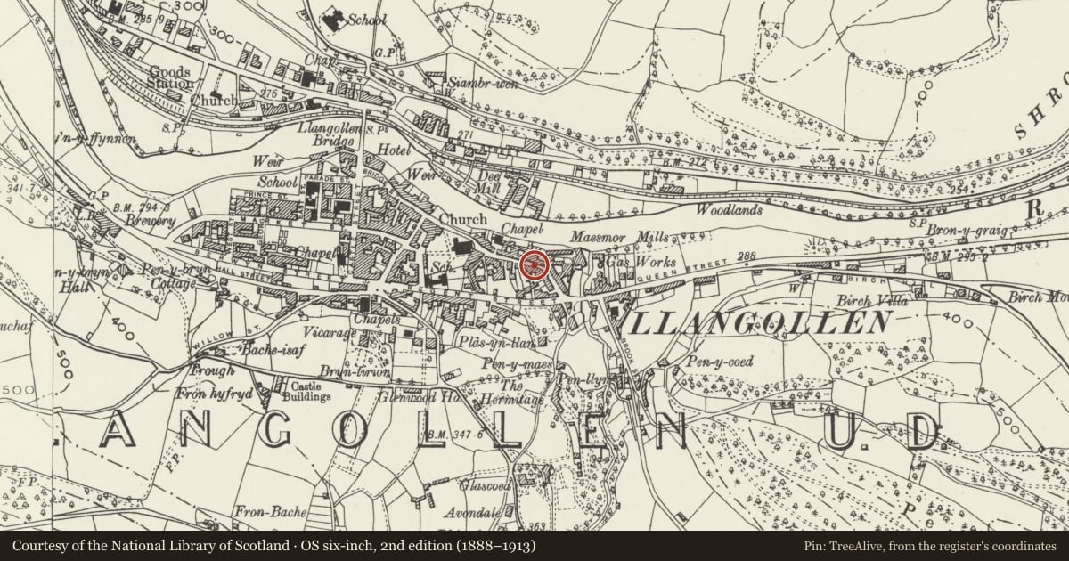 Ordnance Survey six-inch map, 2nd edition (1888–1913) covering the location of 36 Church Street, Llangollen, Denbighshire, with a pin at the register's coordinates
