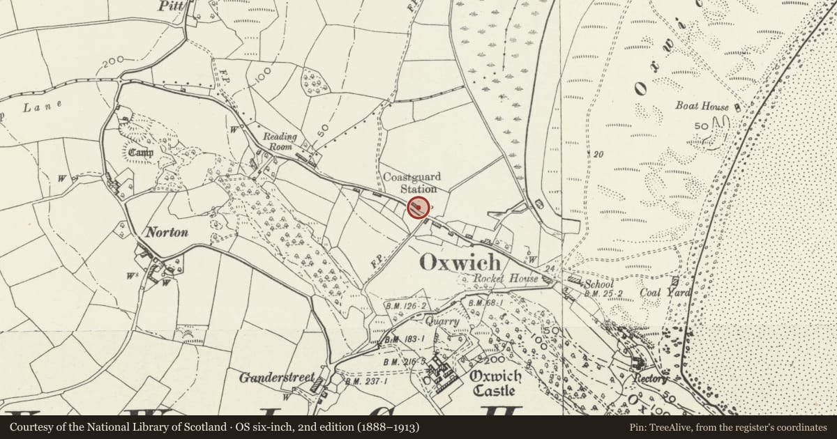 Ordnance Survey six-inch map, 2nd edition (1888–1913) covering the location of Margaret's Cottage, Penrice, Swansea, with a pin at the register's coordinates