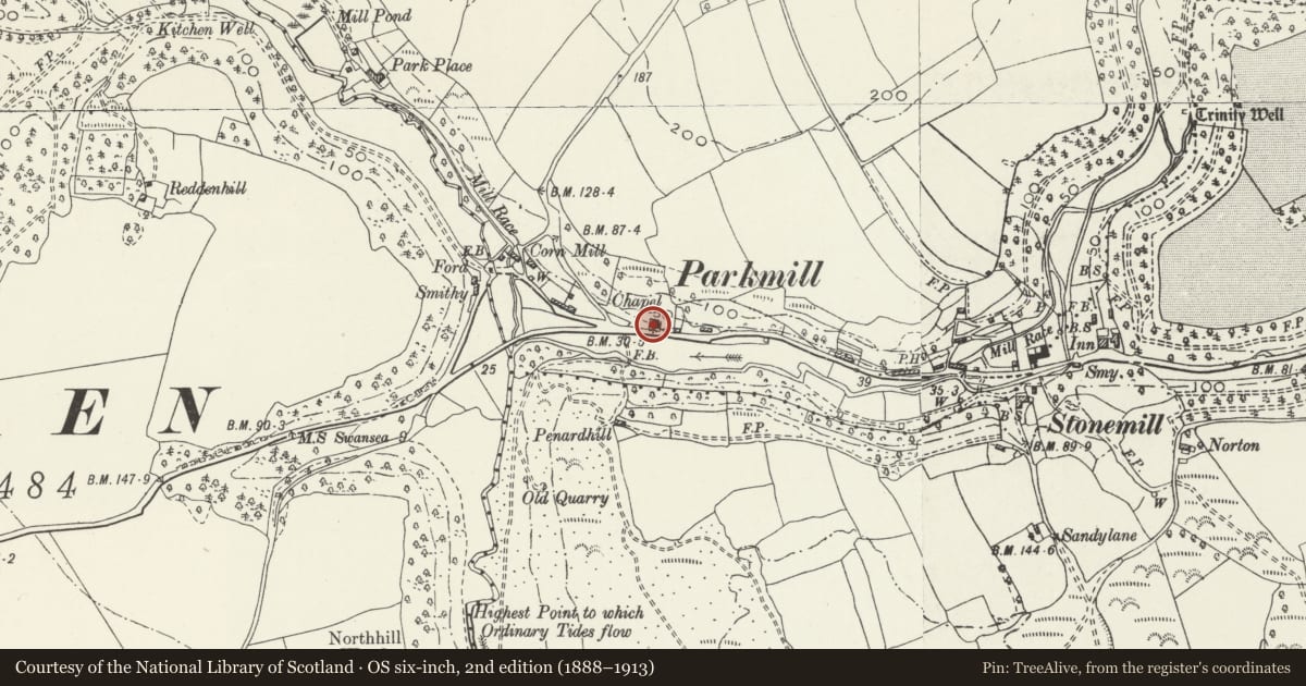 Ordnance Survey six-inch map, 2nd edition (1888–1913) covering the location of Mount Pisgah Chapel, Ilston, Swansea, with a pin at the register's coordinates