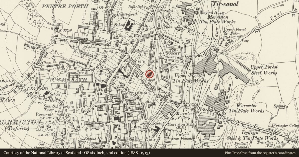 Ordnance Survey six-inch map, 2nd edition (1888–1913) covering the location of Seion Chapel, Morriston, Swansea, with a pin at the register's coordinates