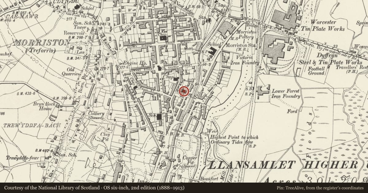 Ordnance Survey six-inch map, 2nd edition (1888–1913) covering the location of Philadelphia Chapel inc. attached Chaple House and attached Sunday School, Morriston, Swansea, with a pin at the register's coordinates