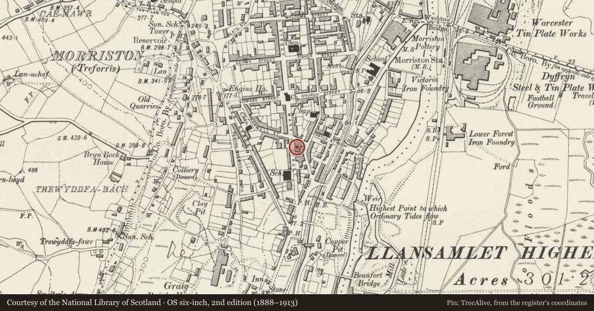 Ordnance Survey six-inch map, 2nd edition (1888–1913) covering the location of Former Police Station, Morriston, Swansea, with a pin at the register's coordinates