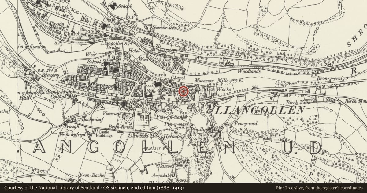 Ordnance Survey six-inch map, 2nd edition (1888–1913) covering the location of 38 Church Street, Llangollen, Denbighshire, with a pin at the register's coordinates