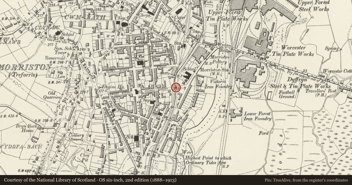 Ordnance Survey six-inch map, 2nd edition (1888–1913) covering the location of Morfydd Street Bridges and Boundary Wall to Davies Street, Morriston, Swansea, with a pin at the register's coordinates