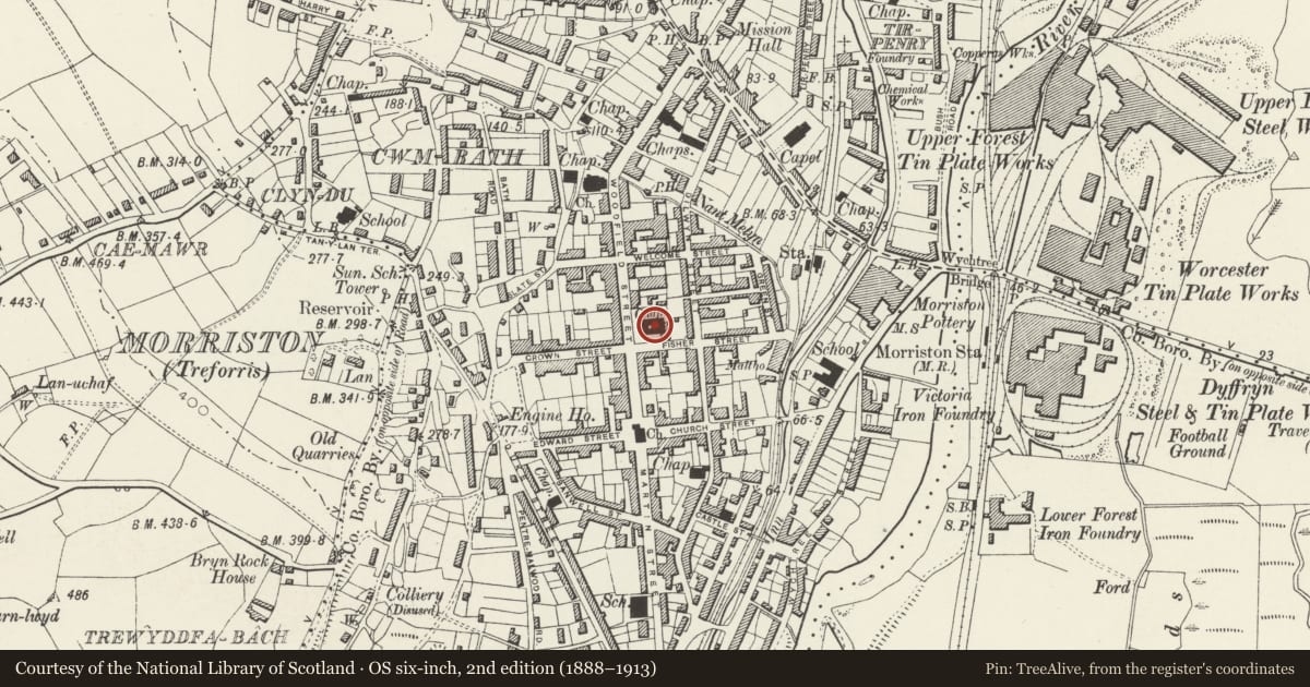 Ordnance Survey six-inch map, 2nd edition (1888–1913) covering the location of Capel Tabernacle, Morriston, Swansea, with a pin at the register's coordinates