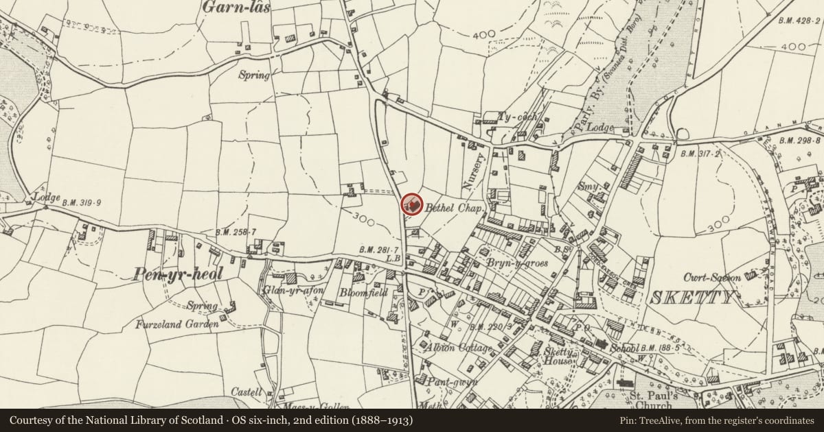 Ordnance Survey six-inch map, 2nd edition (1888–1913) covering the location of New Bethel Chapel and attached Hall/School, Sketty, Swansea, with a pin at the register's coordinates