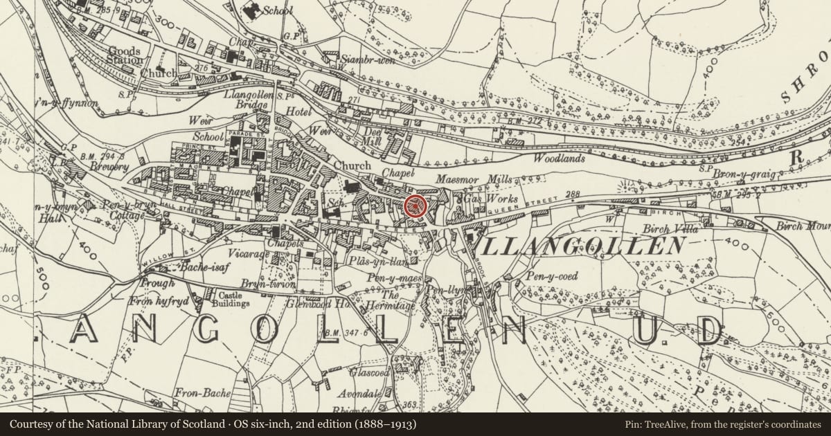 Ordnance Survey six-inch map, 2nd edition (1888–1913) covering the location of 42 Church Street, Llangollen, Denbighshire, with a pin at the register's coordinates