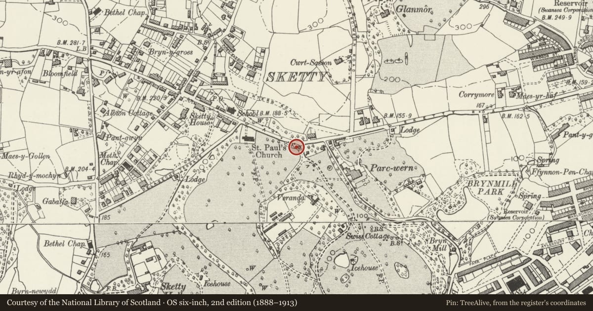 Ordnance Survey six-inch map, 2nd edition (1888–1913) covering the location of North Lodge of Singleton Park, Sketty, Swansea, with a pin at the register's coordinates