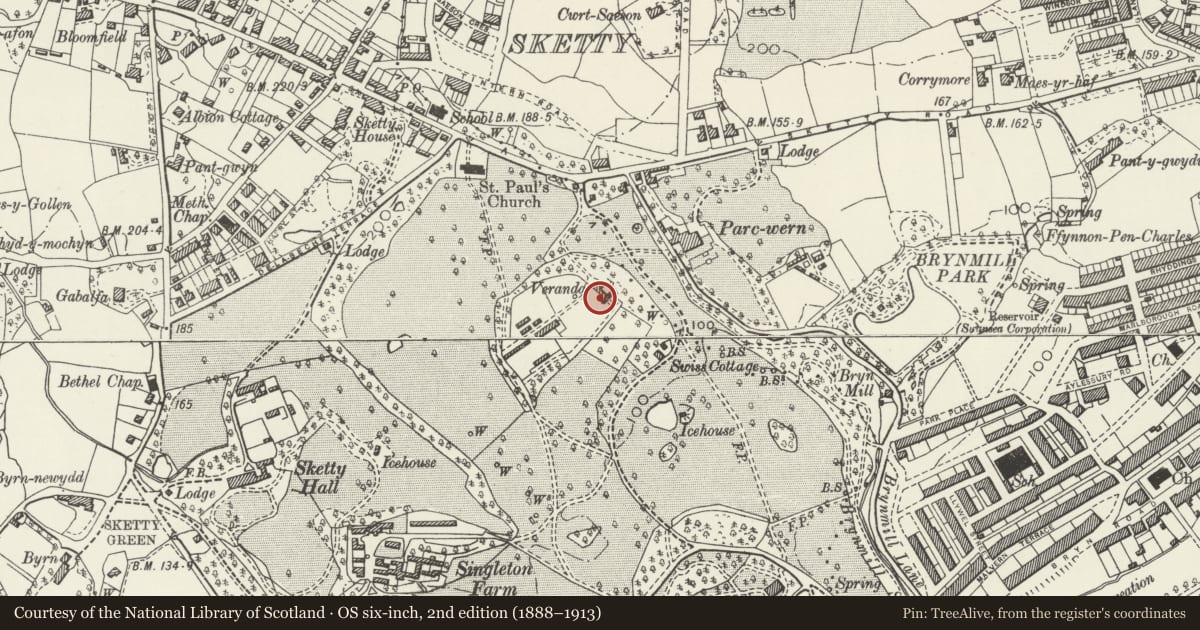 Ordnance Survey six-inch map, 2nd edition (1888–1913) covering the location of Veranda House in Singleton Park, Sketty, Swansea, with a pin at the register's coordinates