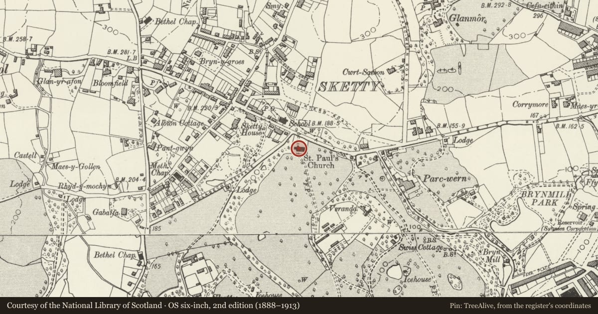 Ordnance Survey six-inch map, 2nd edition (1888–1913) covering the location of Church of St Paul, Sketty, Swansea, with a pin at the register's coordinates
