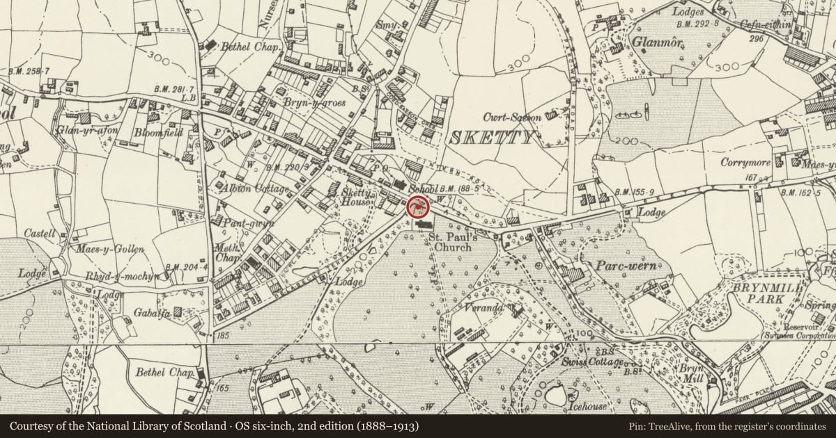 Ordnance Survey six-inch map, 2nd edition (1888–1913) covering the location of Lychgate to Church of St Paul, Sketty, Swansea, with a pin at the register's coordinates