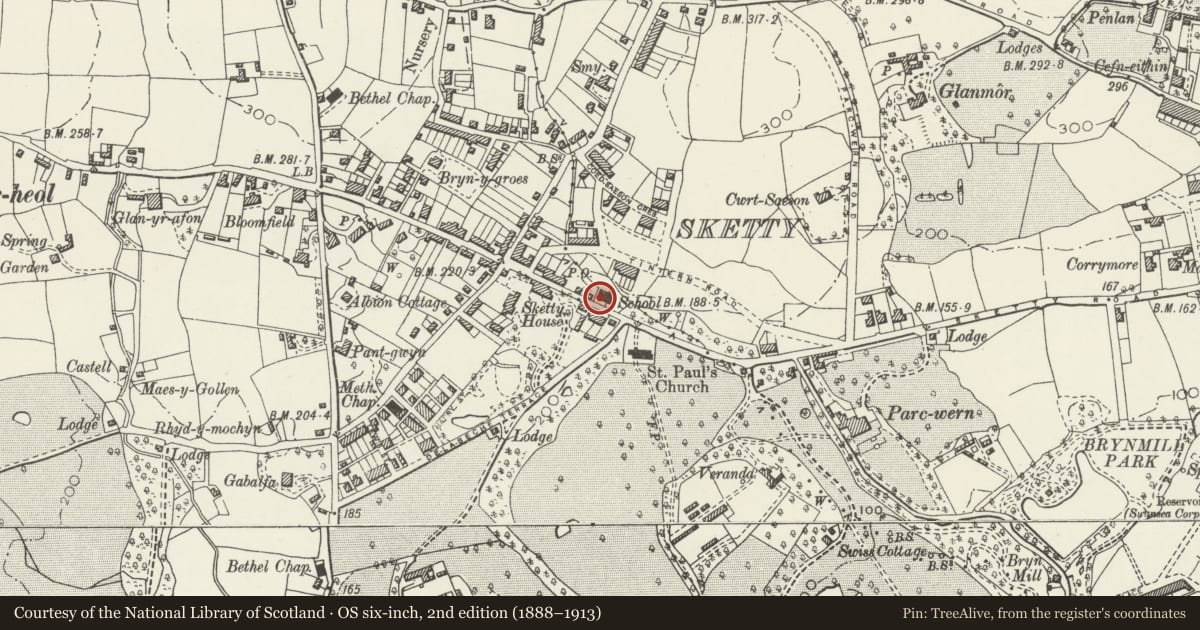 Ordnance Survey six-inch map, 2nd edition (1888–1913) covering the location of Stewart Hall and No 68, Sketty, Swansea, with a pin at the register's coordinates