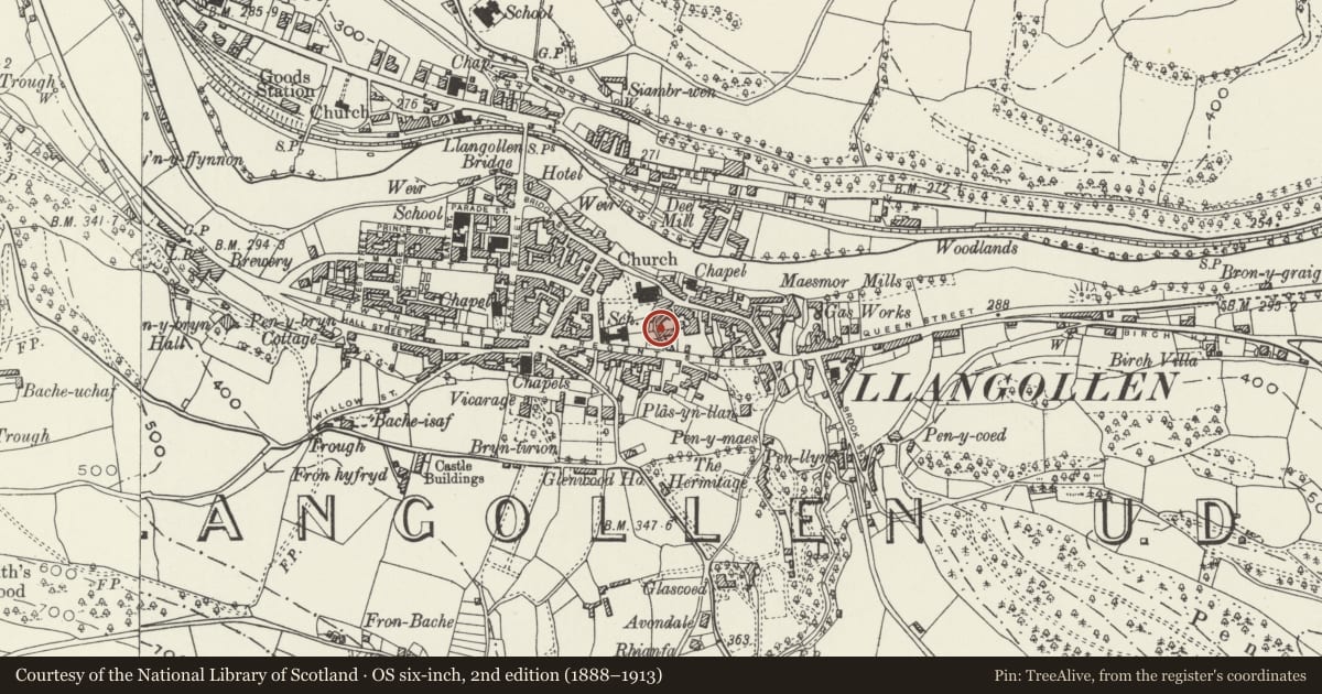 Ordnance Survey six-inch map, 2nd edition (1888–1913) covering the location of 4 Cross Lane, Llangollen, Denbighshire, with a pin at the register's coordinates
