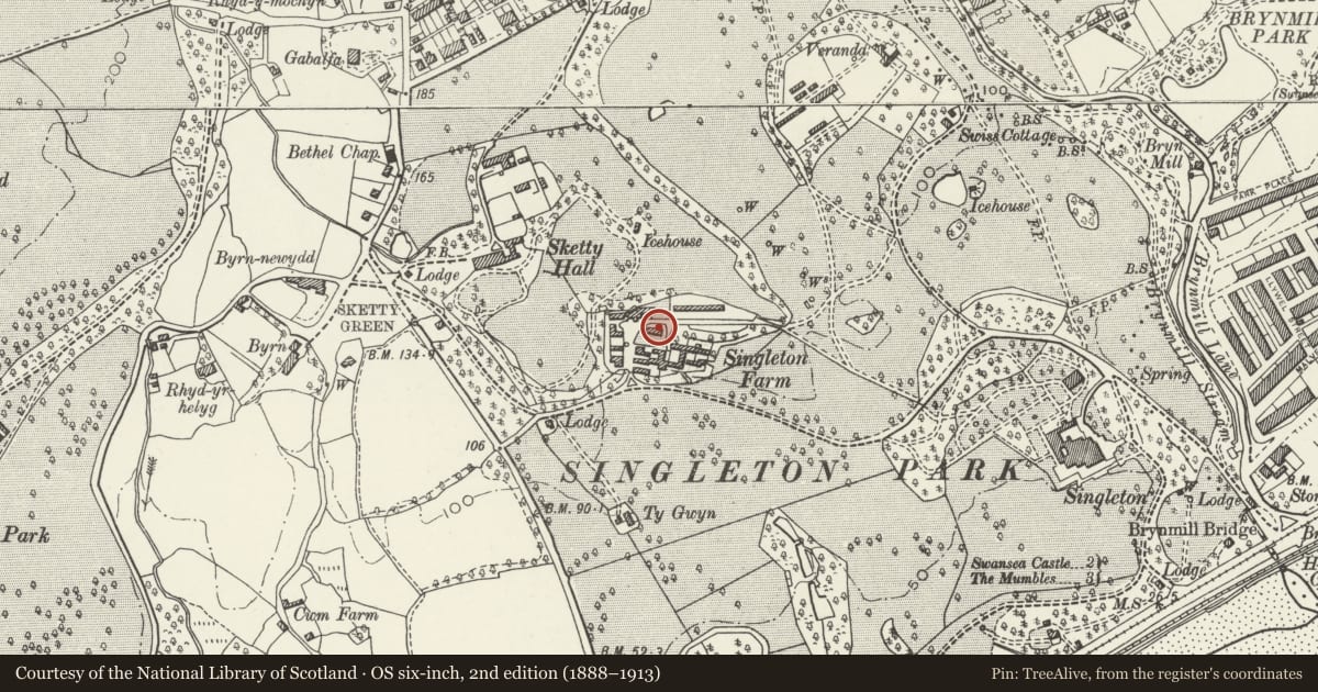 Ordnance Survey six-inch map, 2nd edition (1888–1913) covering the location of Former Farmhouse to Singleton Farm, Sketty, Swansea, with a pin at the register's coordinates