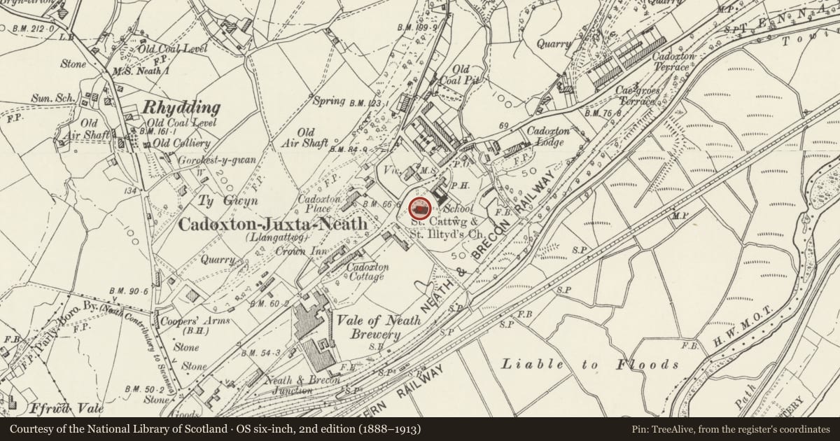 Ordnance Survey six-inch map, 2nd edition (1888–1913) covering the location of Church of Saint Cattwg, Blaenhonddan, Neath Port Talbot, with a pin at the register's coordinates