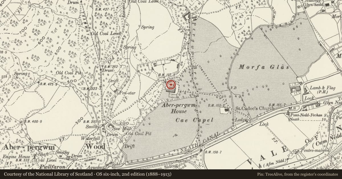 Ordnance Survey six-inch map, 2nd edition (1888–1913) covering the location of Aberpergwm House, Glynneath, Neath Port Talbot, with a pin at the register's coordinates