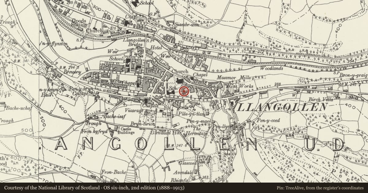 Ordnance Survey six-inch map, 2nd edition (1888–1913) covering the location of 5 Cross Lane, Llangollen, Denbighshire, with a pin at the register's coordinates