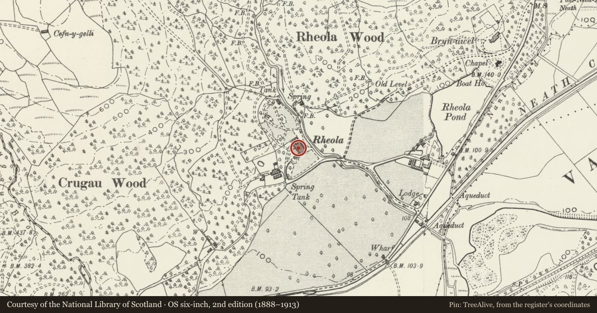 Ordnance Survey six-inch map, 2nd edition (1888–1913) covering the location of Rheola House, Glynneath, Neath Port Talbot, with a pin at the register's coordinates