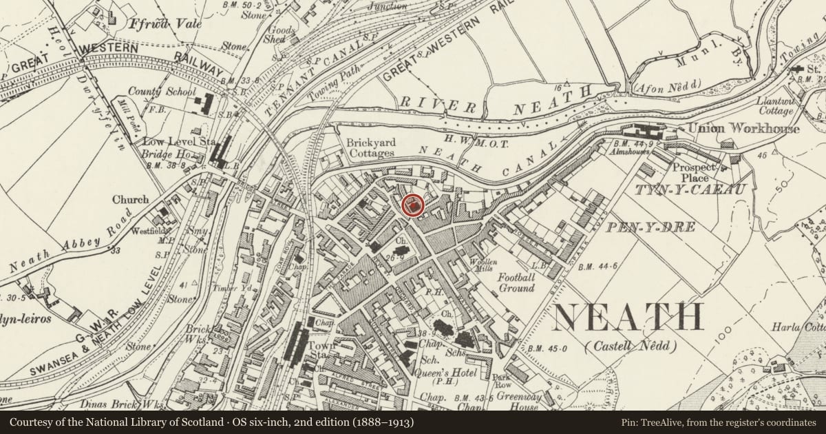 Ordnance Survey six-inch map, 2nd edition (1888–1913) covering the location of Moose Hall, Neath, Neath Port Talbot, with a pin at the register's coordinates